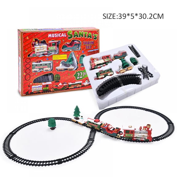 Kids Baby Christmas Railway Train Set with Locomotive*1 Santa Claus*1 Carriage*1 Snowman*1 Tree*2 Track*15 Manual*1- Lights and Sounds Railway