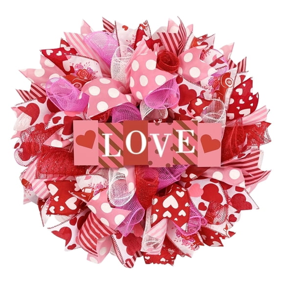 Valentines Day Wreath with LOVE Wooden Sign, Red Mesh Heart Wreath for Front Door, Indoor and Outdoor Valentine’s Day Handmade Decorations