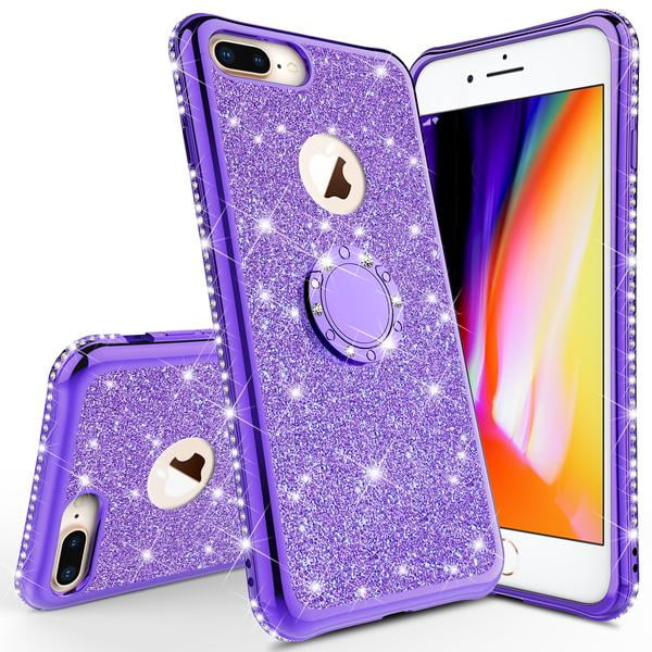 Herbests Compatible with iPhone 8 Plus 5.5 Glitter Case with Ring Holder Kickstand for Women Girls Rhinestone Diamond Sparkle Bling Crystal TPU Rubber Silicone Cover Phone Case,Gold 