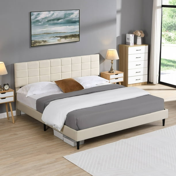 King Bed Frame, BTMWAY Upholstered Platform Bed with Headboard, King