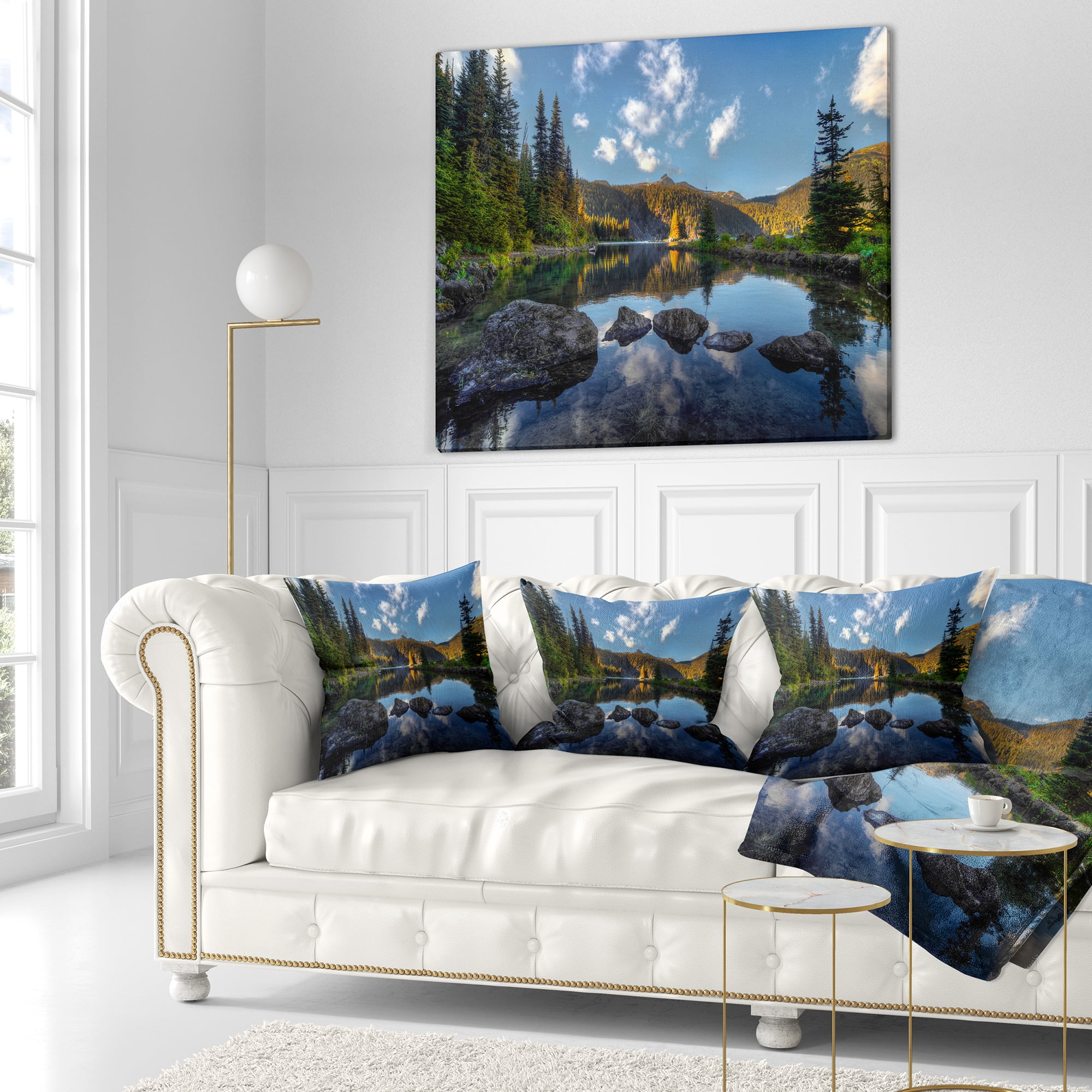 Designart Mountain Lake Surrounded by Trees - Landscape Printed Throw Pillow - 18x18
