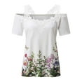thumbnail image 4 of asdoklhq Juniors Plus Tops & T-Shirts,Women Print T-Shirt Short Sleeve Lace Splicing Cold Shoulder V Neck Tops Summer Casual Blouse, 4 of 5