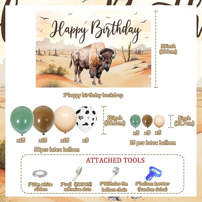 Buffalo Party Decorations, Bison Themed Party Decor with Bison Happy Birthday Backdrop Cow Brown Green Balloon Garland Arch Kit for Highland Cow Baby Shower Party Decor Supplies