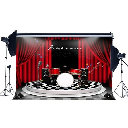 Image of ABPHOTO Polyester 7x5ft Band Concert Backdrop Music Guitar Drum Interior Backdrops Stage Lights Red Carpet Mosaic Floor Photography Background for Draduation Ceremony School Show Photo Studio Props