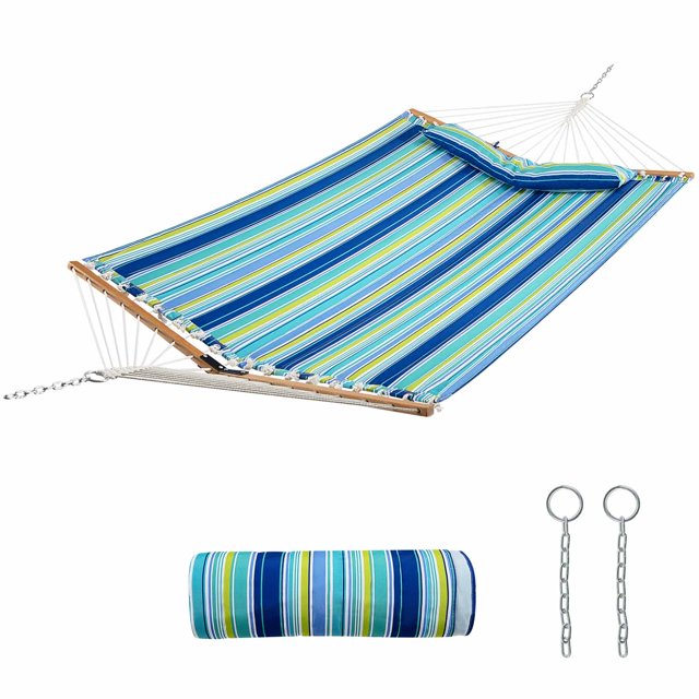 Patiojoy Portable Hammock W/ Spreader Bars & Detachable Pillow Quick Dry & Water Proof Material Hand Woven Cotton Rope Blue + Green
