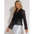 thumbnail image 4 of DARING DIVA Women's V-neck Elegant Lace Bell Sleeve Sheer Top Shirts L Black, 4 of 6