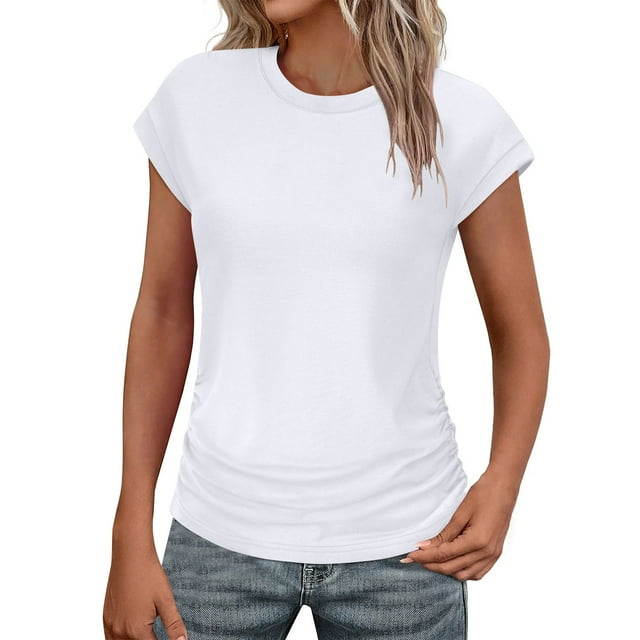 Summer Savings Clearance Staron Womens Tops Summer Short Sleeve Ruched Blouses Basic Tees Solid Casual Loose T-Shirts Crew Neck Tops