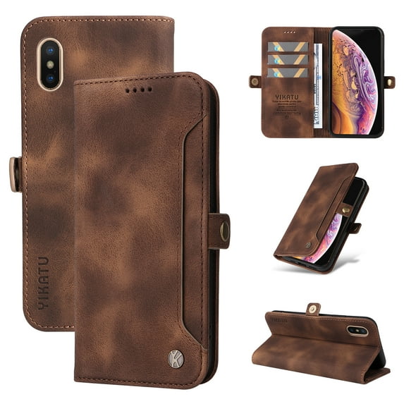 Mantto Case Compatible with iPhone X/XS, Luxury PU Leather Wallet Case with RFID Blocking Card Holder Kickstand Magnetic Closure Flip Slide Slot Case For iPhone X/XS,Brown