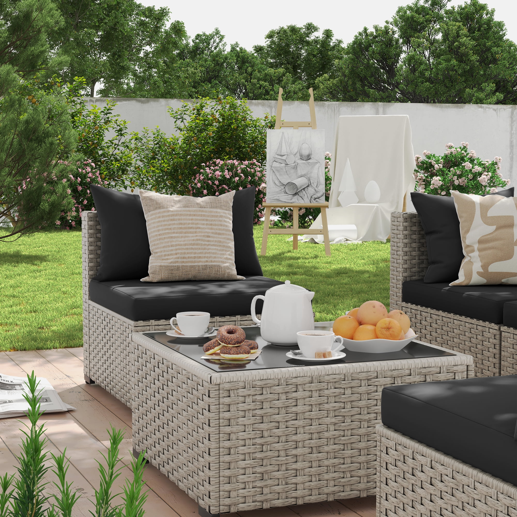 MRUAKA 7 Pieces Patio Conversation Set, Outdoor Sectional PE Rattan Wicker Furniture Seat,BLACK