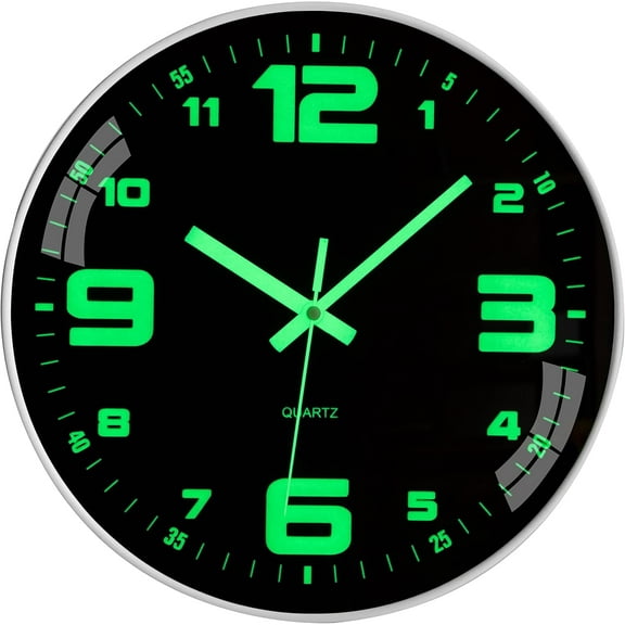 QKURT Wall Clock 12inch, Battery Operated Silent Non-Ticking Glow in The Dark Clocks Analog Small Digital Night Light Up Neon Outdoor Clocks for Living Room Bedroom Kitchen Bathroom Home Decor
