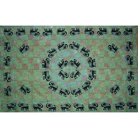 Mandala Elephant Tapestry Cotton Bedspread 106" x 70" Twin Green