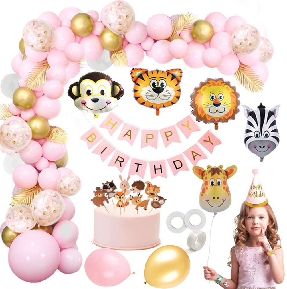 YANSION Pink White Birthday Party Decorations for Girls, 47 Pcs Pink Animal Theme Birthday Balloons Arch Kit Jungle Safari Animals Party Balloons for Kids 1st Birthday Baby Shower