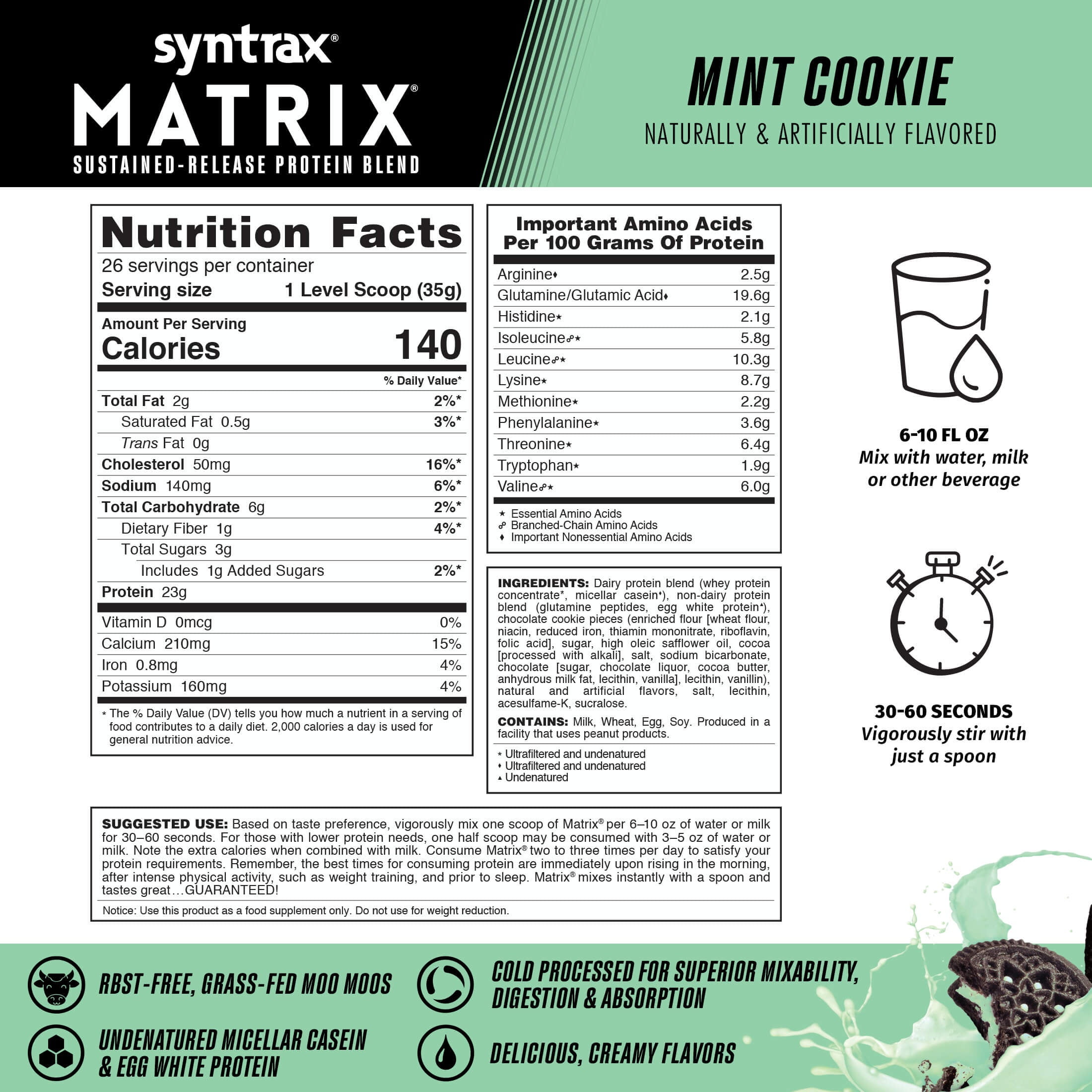 Syntrax Matrix Mint Cookie Sustained‑Release Protein Powder Blend 2 lb with Real Cookie Pieces