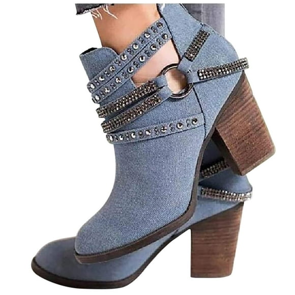 PEASKJP Women's Biker Boots Leather Short Booties Ladies Casual Round Toe Ankle Boot with Platform Heel, Blue 40