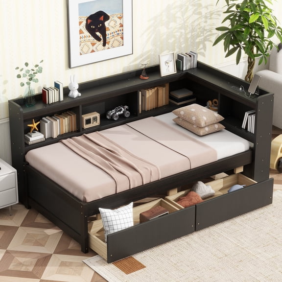 Twin Size Daybed with Drawers and Charging Station, Solid Wood Corner Bed Frame with L-Shaped Bookcase Headboard, Twin Platform Bed Frame for Living Room, Espresso