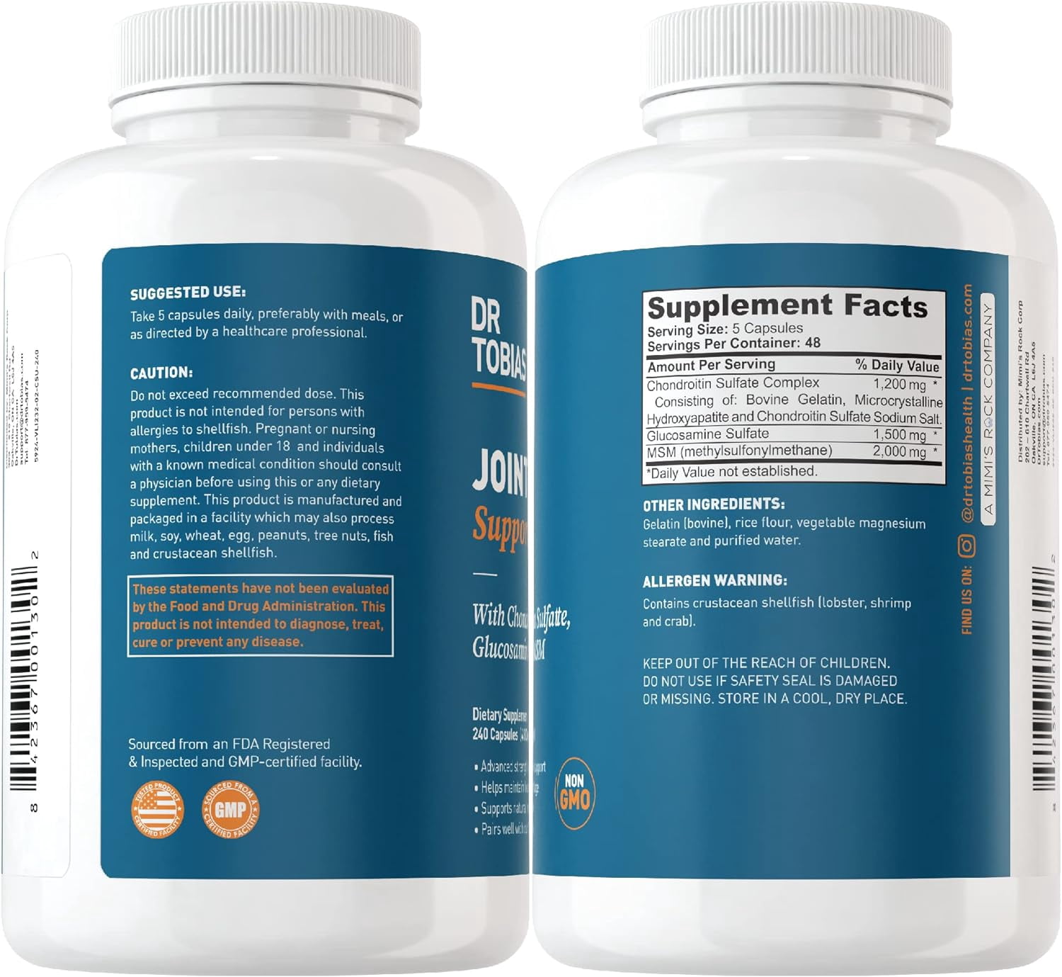 Dr. Tobias Joint Support Supplement with Glucosamine Chondroitin MSM, Supports Connective Tissue, Function & Flexibility, Extra Strength Joint Supplements for Men & Women, 240 Capsules