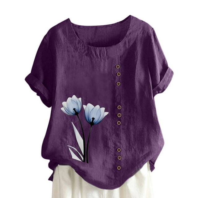 Birdeem Womens Summer Casual Round Neck Short Sleeve Printing Loose Shirt Tops