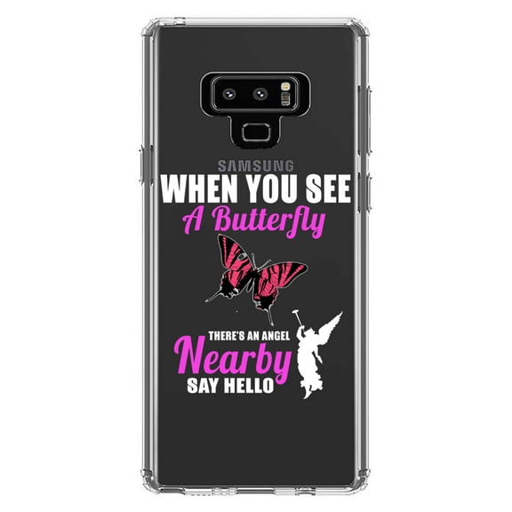 DistinctInk Clear Shockproof Hybrid Case for Samsung Galaxy Note 9 - TPU Bumper Acrylic Back Tempered Glass Screen Protector - See Butterfly, Angel is Nearby