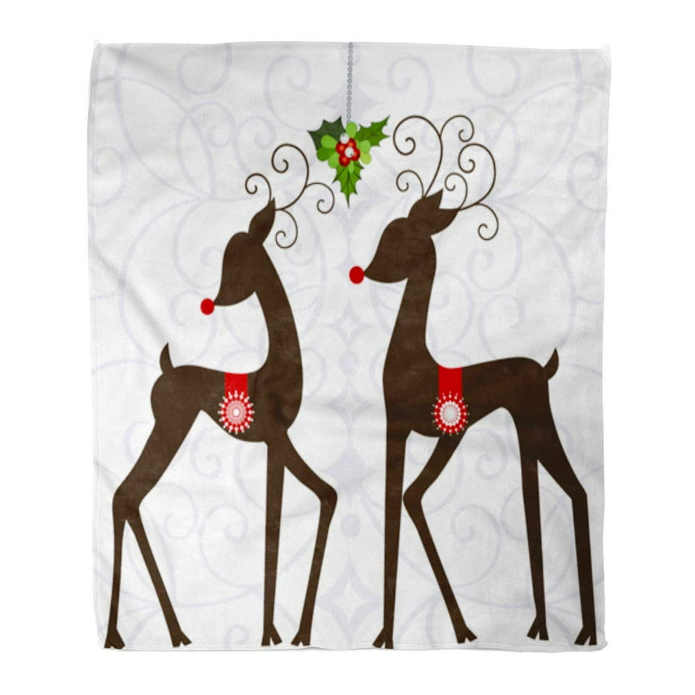 ASHLEIGH 58x80 inch Super Soft Throw Blanket Green Christmas Whimsical Reindeer Mistletoe Kiss
