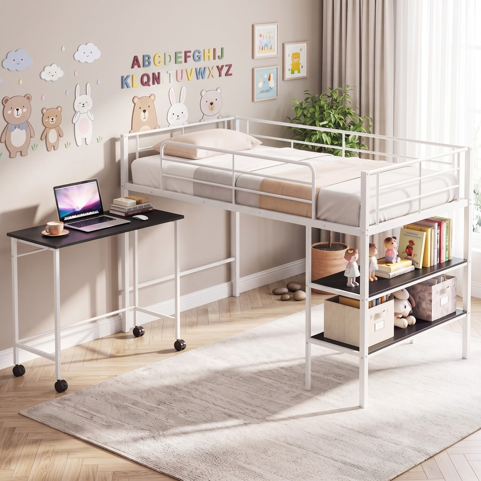 Furnibear Twin Size Loft Bed with Rolling Desk and Bookshelf for Home Office Bedroom, Space-Saving Metal Loft Bed Frame with Ladder, White