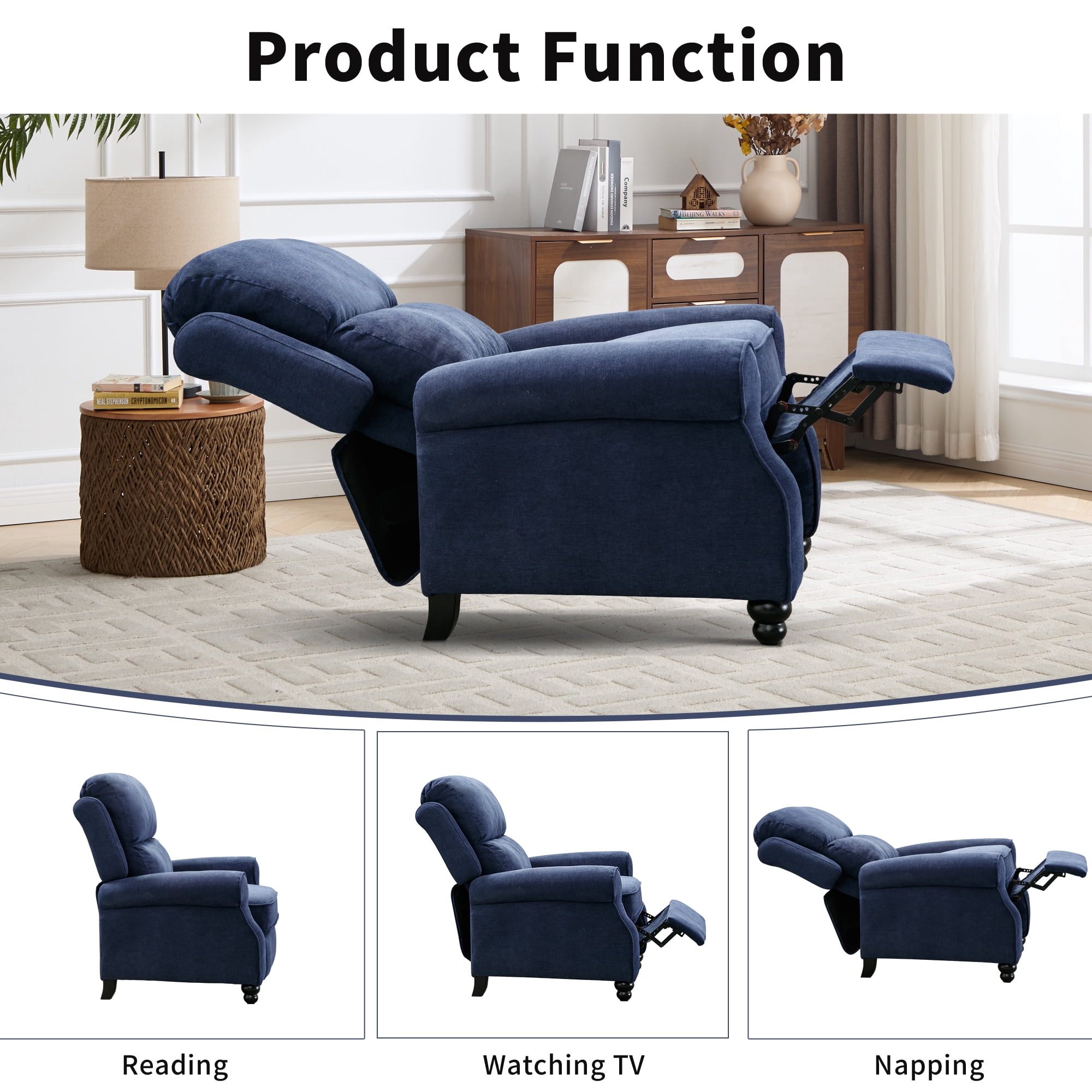 Ebello Push Back Recliner Chair – Overstuffed Textured Fabric Wingback Recliner, Adjustable Manual Reclining Sofa Chair for Living Room, Bedroom (Blue)