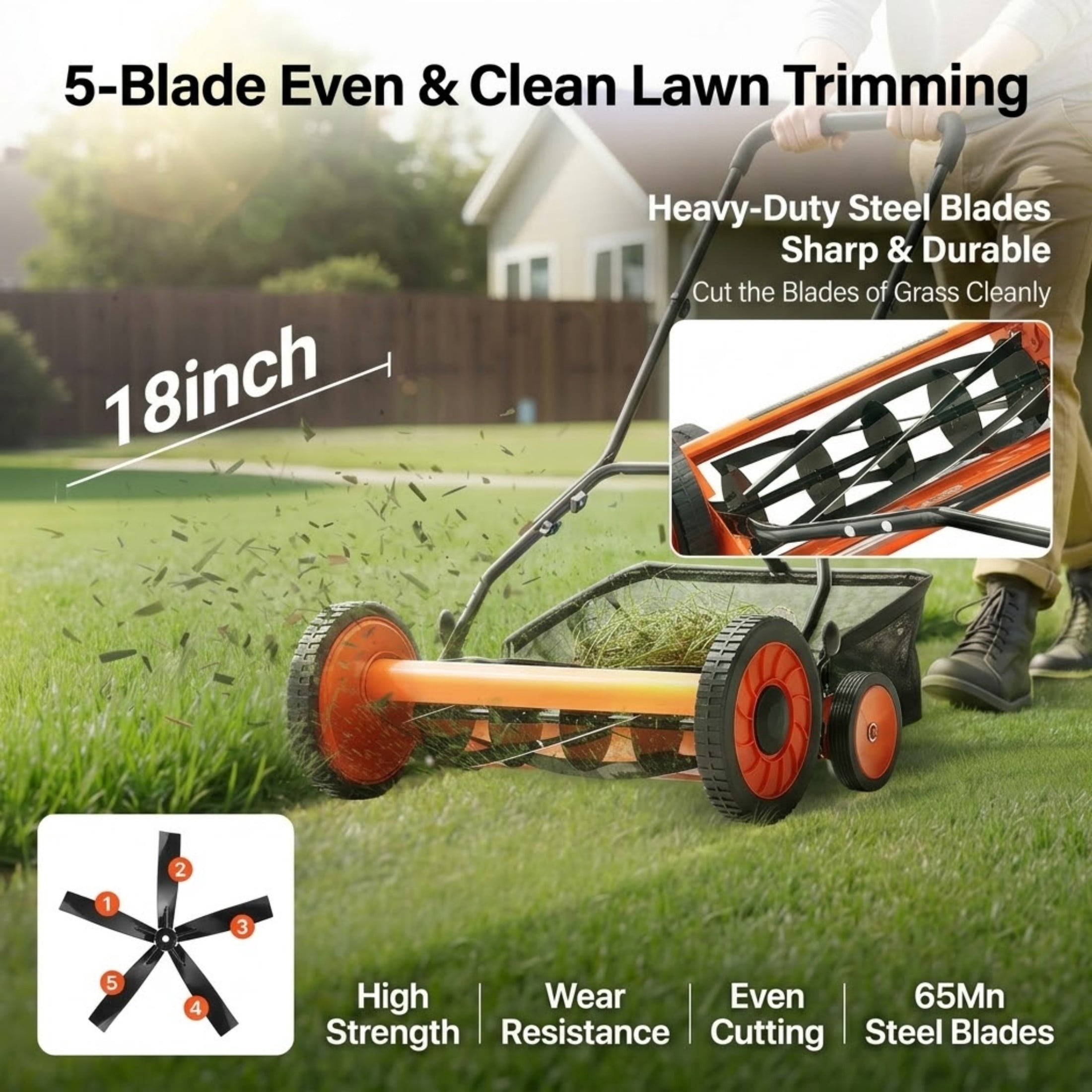 JUVOCT 18-Inch 5-Blade Push Reel Lawn Mower, Manual Walk-Behind Mower with Grass Catcher and Adjustable Height