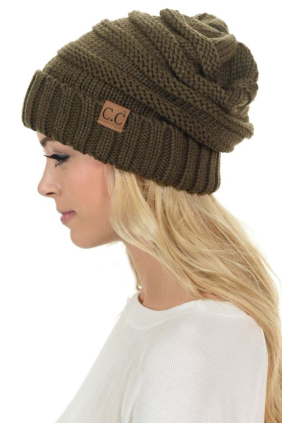 Oversized Baggy Slouch Thick Warm Cap Hat Skully Cable Knit Beanie, New Olive