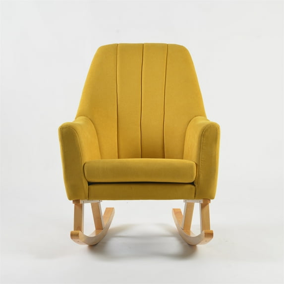 High-back Wide Rocking Chair, Upholstered Glider Nursery Chair Reading Chair Patio Rocking Chair with Breathable Fabric, Glider Rocker Bucket-shaped Seat with Solid Wood Base for Living Room, Yellow