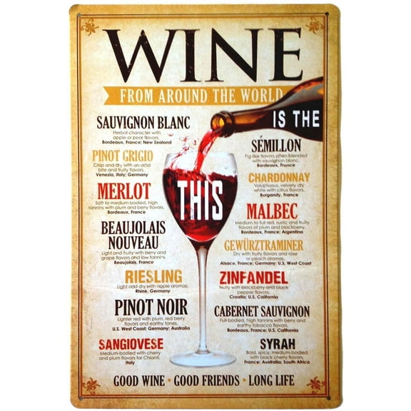 Wine from Around The World Drinking Distressed Metal Bar Wall Plaque Retro Decor Poster Vintage Tin Sign