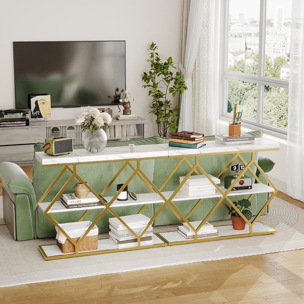 Litake 3-Tier Entryway Table, Industrial Console Sofa Table with Storage, Accent Table with Open Shelves, Diamond-Shaped Metal Frame, Foyer Table for Entryway, Hallway, White