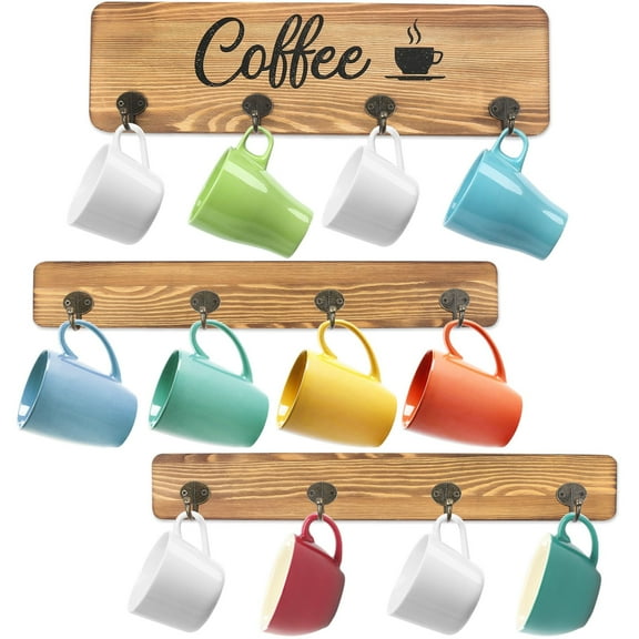 LotFancy Coffee Cup Holder, 3 Pcs Wall Mounted Mug Rack with 12 Hooks, Farmhouse Wood Cup Organizer