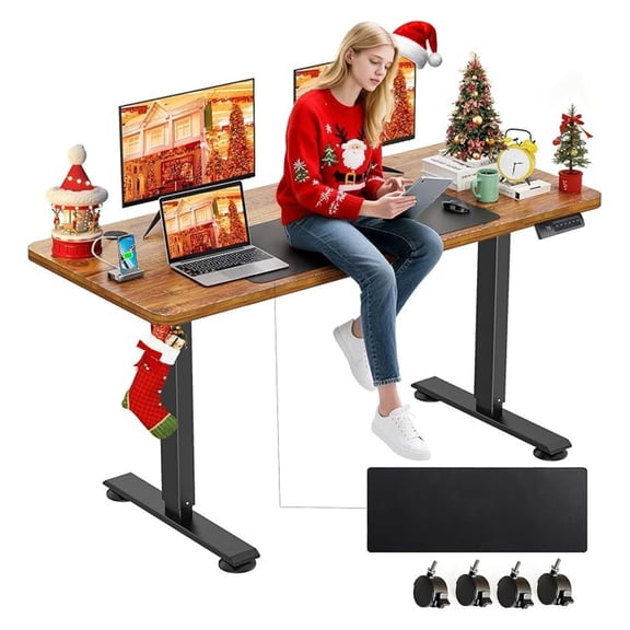 Electric Standing Desk Adjustable Height, 55 x 24 Inch Sit Stand up Desk with Large Mouse Pad, 2 Metal Hook,4 Wheels,4 Memory Preset Heights Home Office Computer Desk(Brown)