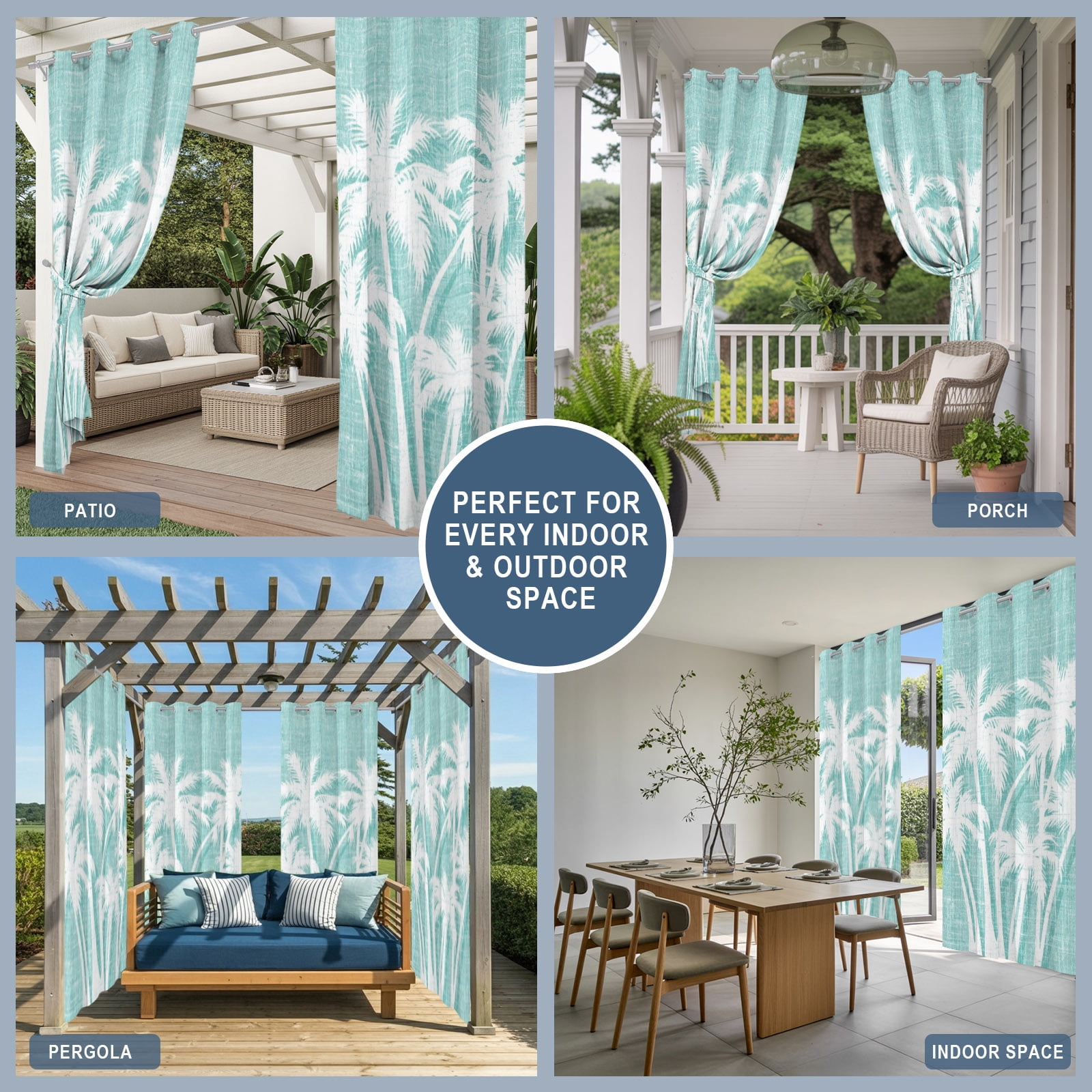 Palm Tree Outdoor Curtains for Patio, Tropical Plant Coastal Summer Mint Green Sunshade Privacy Drapes Grommet Waterproof Outside Curtains for Porch/Cabana/Balcony 54"x 108", 1 Panel