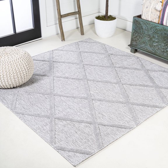 JONATHAN Y IBIZA 5' Square Area Rug, Salines Diamond Trellis - Light Gray, IBZ101C-5SQ
