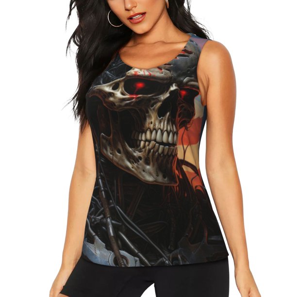 Fotbe Cyberpunk Skull American Flag Blusas Sin Mangas para Mujer – Estilo Casual, Corte Suelto, Slim-Fit, Cuello Redondo Deportivo, Tops de Verano para Gimnasio y Yoga-X-Large