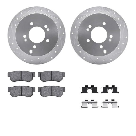 Dynamic Friction Company Rear Brake Rotors-Drilled and Slotted-Silver with 5000 Advanced Brake Pads includes Hardware 7512-03021