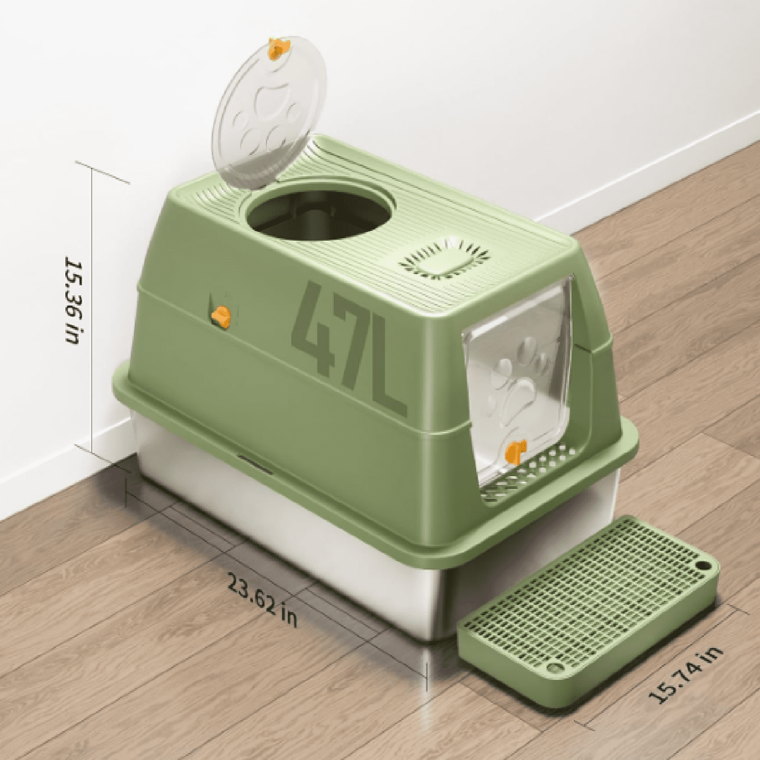 Stainless Steel Cat Litter Box with Lid, XL Large Enclosed High Sided Litter Box with Removable Lid, Carbon Filters -Odor Free, Easy Cleaning, Anti-Urine Leakage for Big Cats -Green
