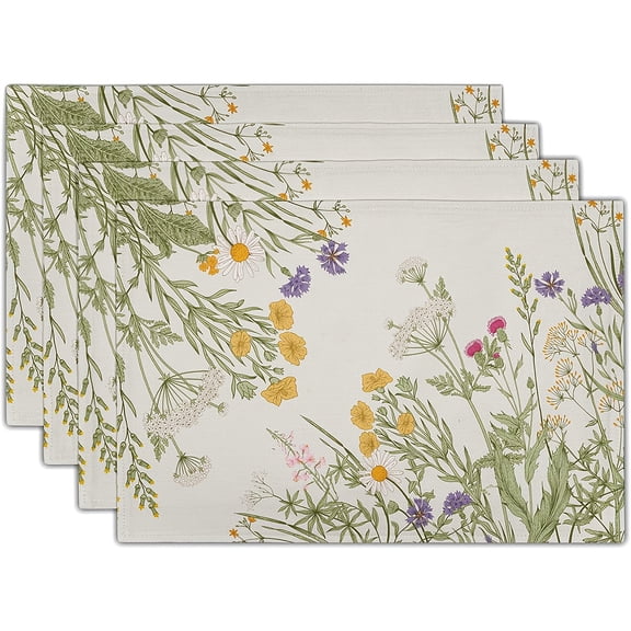 4pcs Wildflowers Spring Placemats Set of 4, 12x18 Inch Rustic Herb Floral Green Leaves Botanical Place Mat Heat Resistant Washable Rectangle Mats Seasonal Kitchen Dining Table Decor
