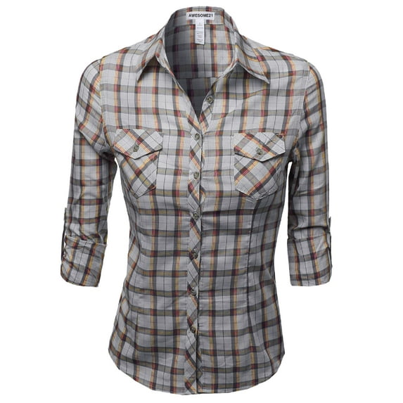 FashionOutfit Women's Slim Fit Line Twill Plaid Checker Rolled Up Blouse Top