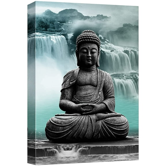 wall26 Canvas Print Wall Art Zen Buddha Statue Waterfall Landscape Nature Wilderness Digital Art Rustic Decorative Religious Yoga Multicolor Relax/Calm for Living Room, Bedroom, Office - 12"x18&