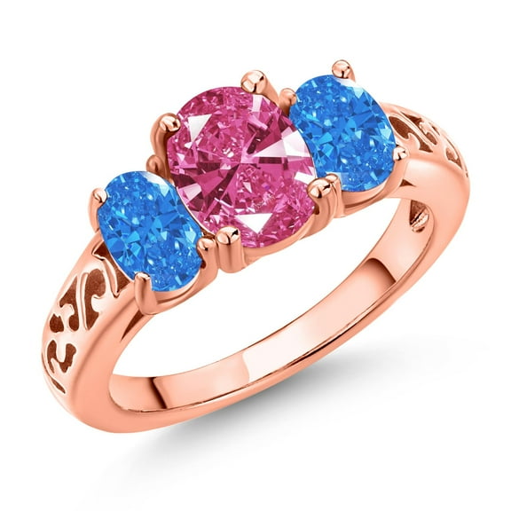 Gem Stone King 18K Rose Gold Plated Silver Pink Zirconia and Fancy Blue Zirconia Filigree Style 3 Stone Ring for Women (2.07 Cttw, Oval 8X6MM and 6X4MM) (Size 9)