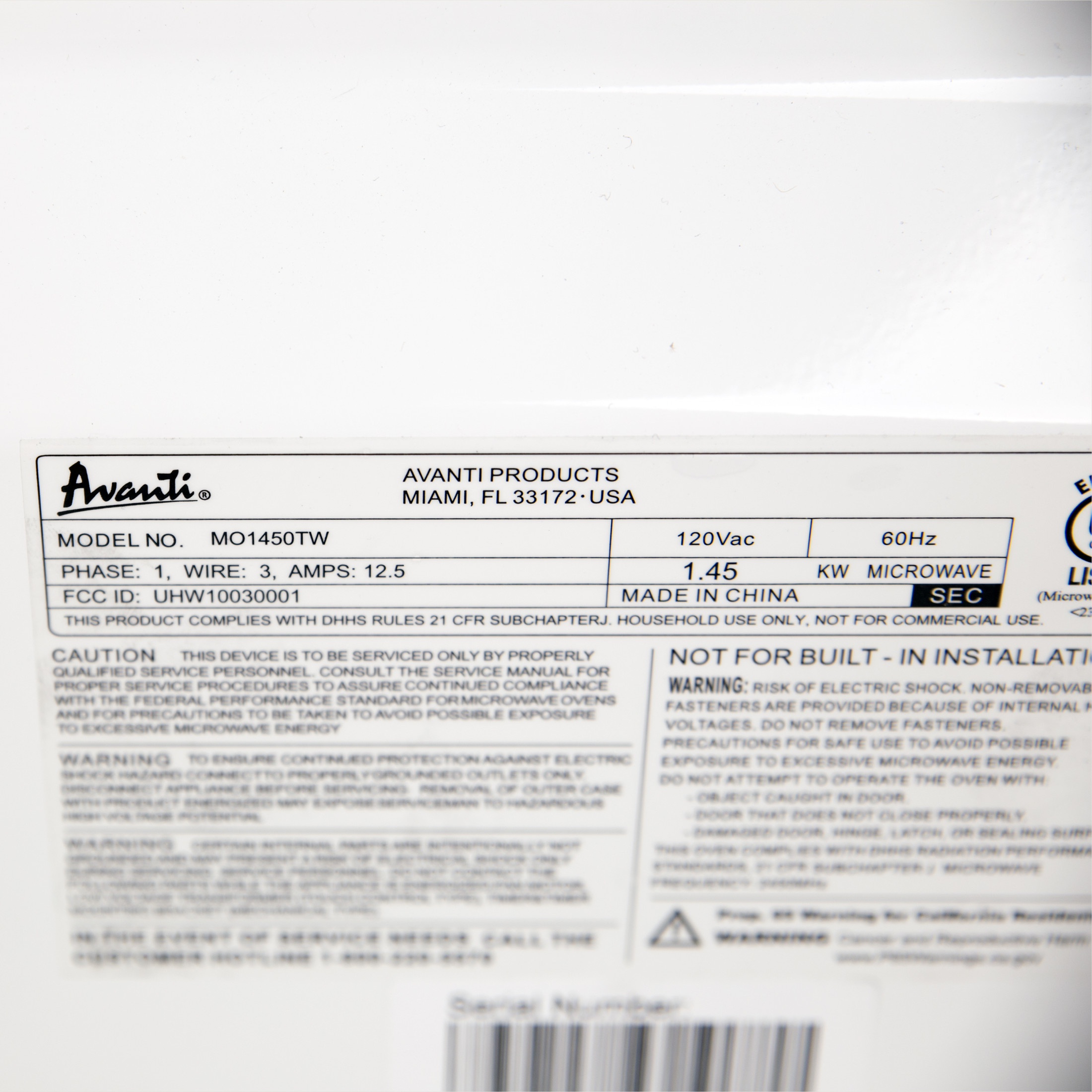 Avanti 1.4 cu. ft. Microwave Oven, in White (MO1450TW)