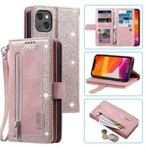 Dteck 9 Card Slots Wallet Case for Apple iPhone 13 6.1-inch,Hybrid Magnetic PU Leather Zipper Kicstand Shockproof Rubber Full Protector iPhone 13 6.1" Cover with Strap,Rosegold