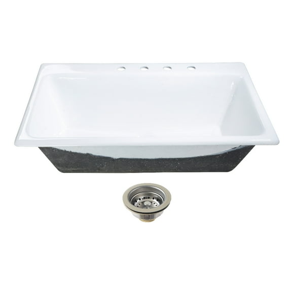 Kingston Brass KGCKTS3622111 Towne 36-Inch Cast Iron Self-Rimming Single Bowl Drop-In Kitchen Sink (4-Hole) with Strainer in White/Polished Chrome