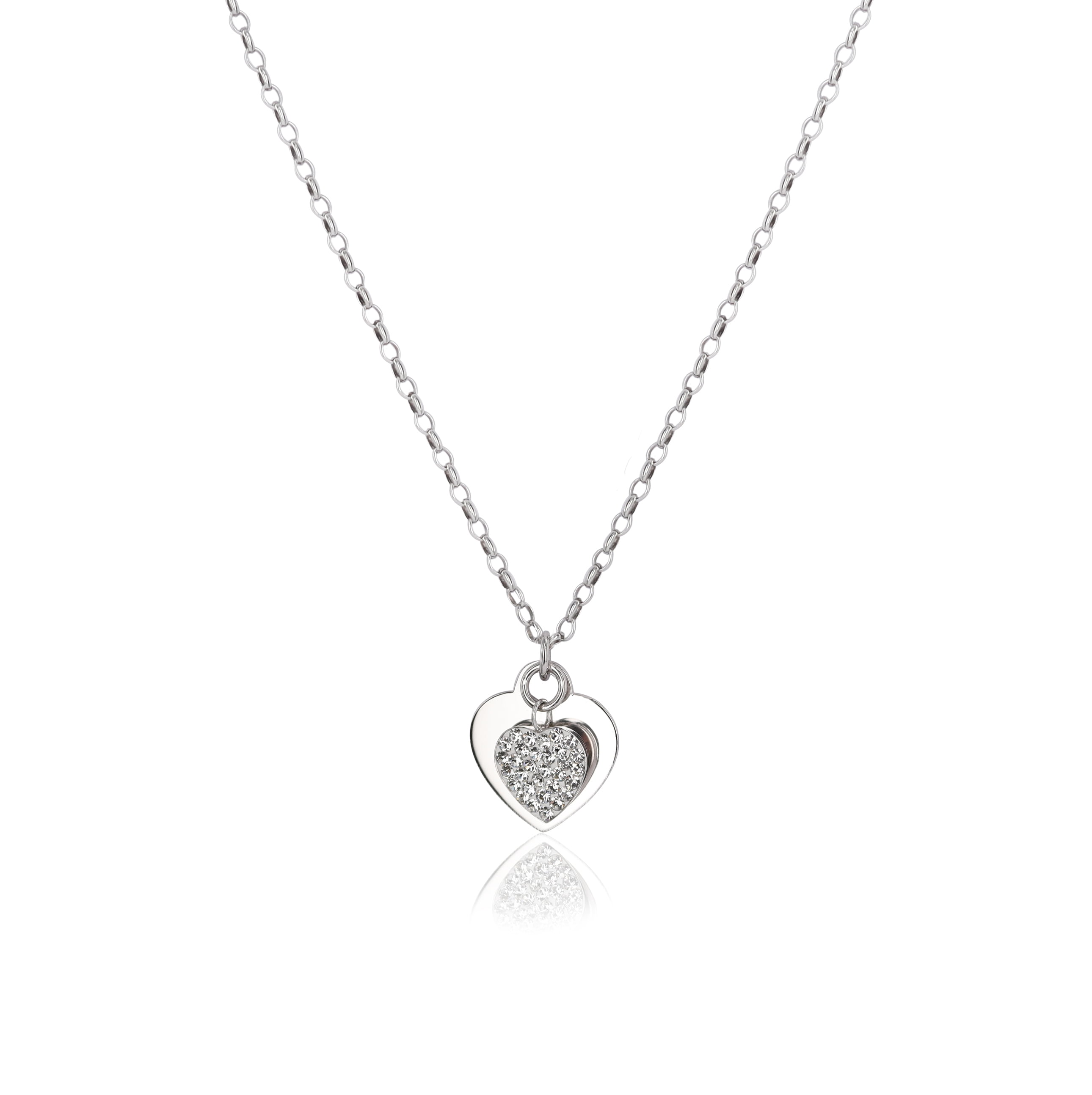 Brilliance Fine Jewelry Sterling Silver Polished and Crystal Heart Charms Necklace, 16"+2"