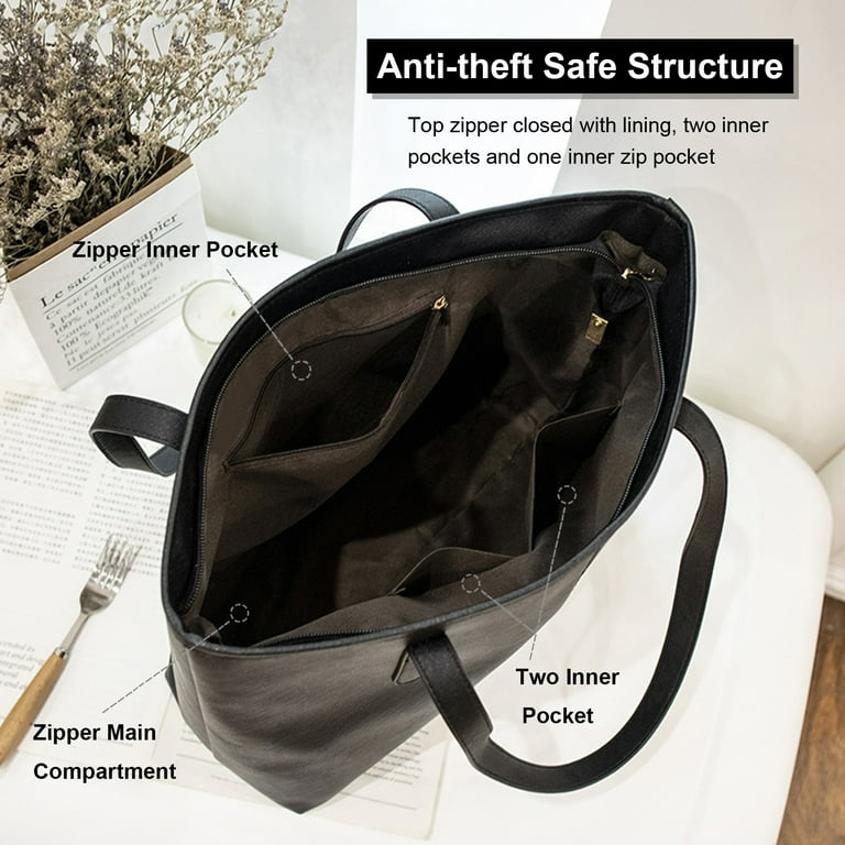 FITDON Tote Bag with Zip for Women Faux Leather Handbags Shoulder Bag for Work School Shopping