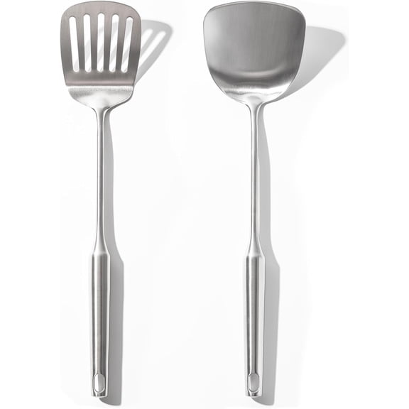 2 Piece Silver 18 10 Stainless Steel Spatula Set Heat Resistant Metal Cooking Wok Utensils Solid Turner and Slotted Spatula