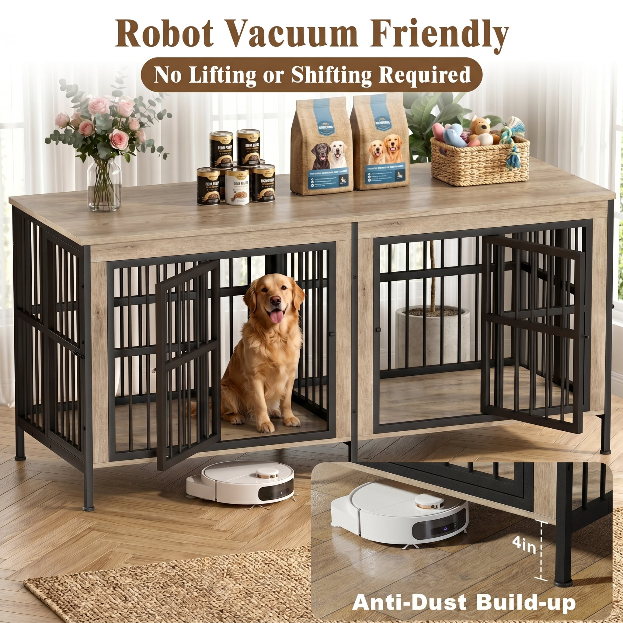 YOKWOK 78 Inch Dog Crate Furniture for Large Dogs with Removable Divider, Double-Doors Dog Kennel Furniture, Thick Wooden Dog Cage Furniture, Ivory
