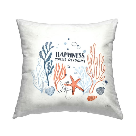 Stupell Industries Happiness Quote Seashell Coral Outlines Design by Janelle Penner Throw Pillow