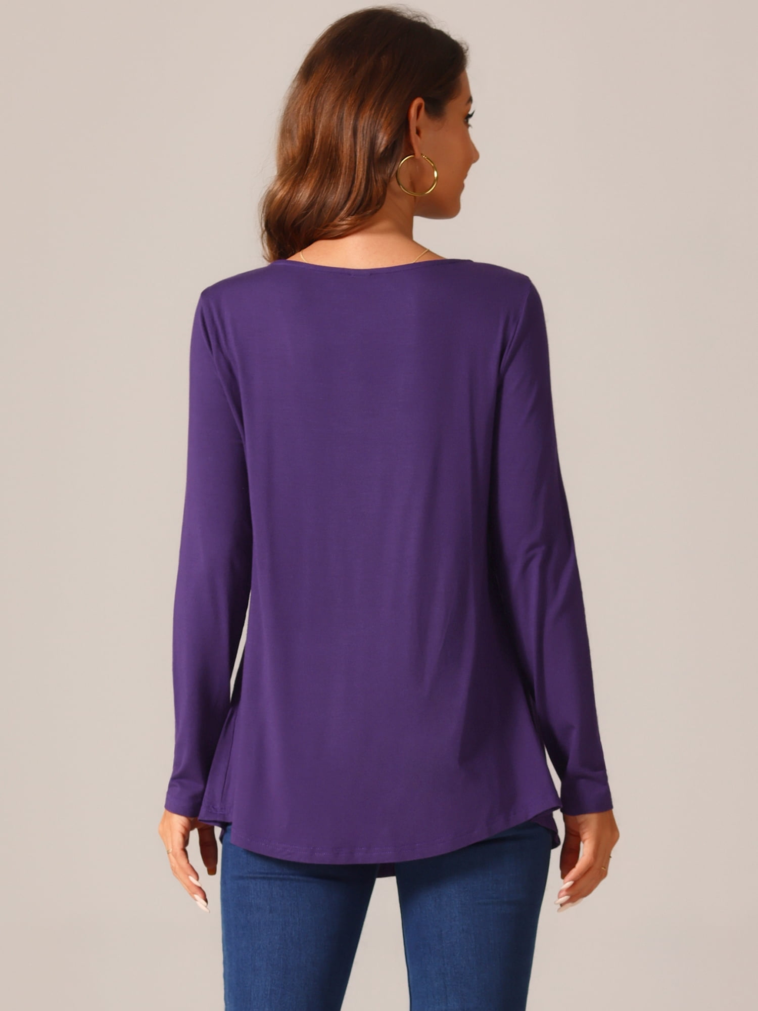 DARING DIVA Women's Long Sleeve Pleated Blouse Square Neck Babydoll Tops S Purple